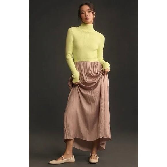 EUC Anthropologie Thea Twofer Sweater Dress Small Yellow Tan Maxi Ribbed Knit S - Picture 1 of 15